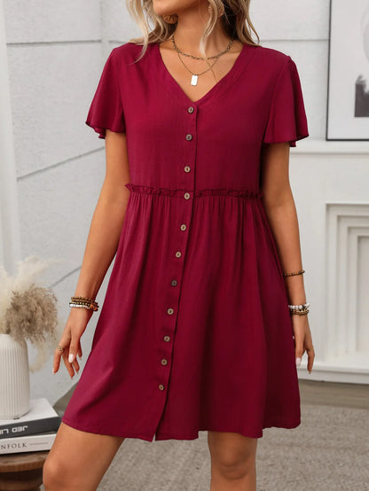 Spring Summer Button Down Dress Flutter Sleeve Cotton Linen A Line Dress With Pockets Beach Summer Knee Length Dresses For Women