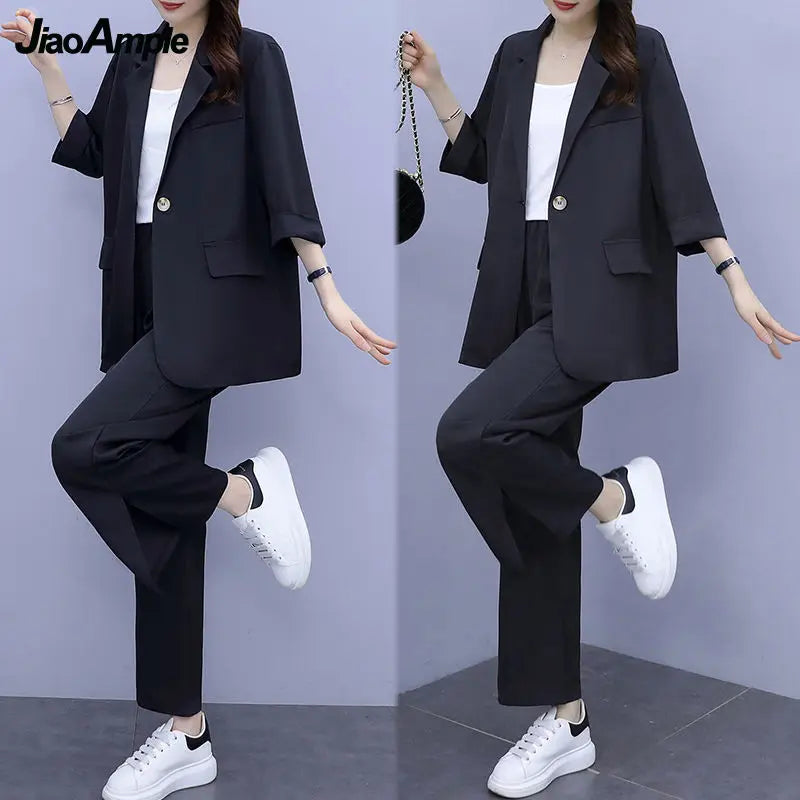2026 Women Spring New Casual Blazers Jacket Trousers Matching Set Korean Elegant Loose Suit Coat Pants Two Piece Female Clothing