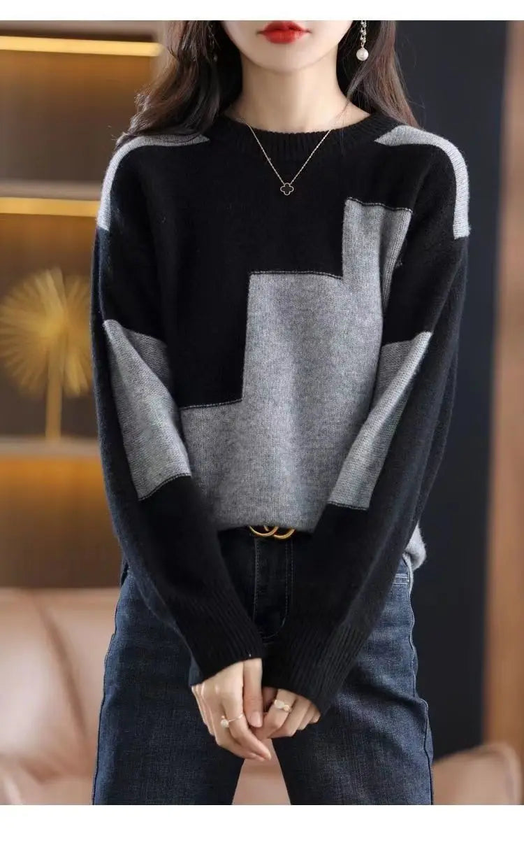 Autumn Winter Contrast Color Pullover Sweater Lady Loose Casual Fashion All-match Knitting Jumpers Ladies Oversized Bottomed Top