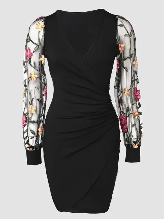 Elegant Floral Embroidered Bodycon Midi Dress with Sheer Mesh Sleeves and V-Neckline - Stylish Button Detail, Knee-Length for Wo