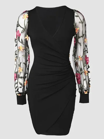 Elegant Floral Embroidered Bodycon Midi Dress with Sheer Mesh Sleeves and V-Neckline - Stylish Button Detail, Knee-Length for Wo