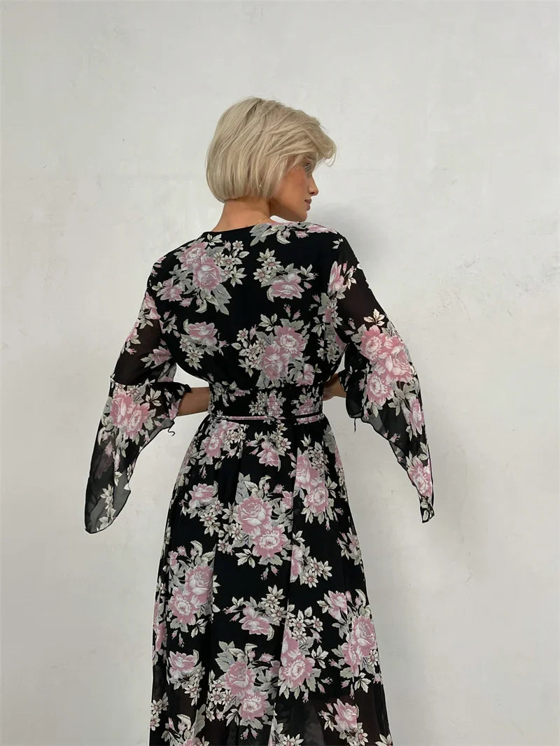 Elegant Bodycon Chiffon Maxi Dress Women Bandage Sexy Side Slit Beach Dress White Pink Floral Summer Long Dresses For Women 2024
