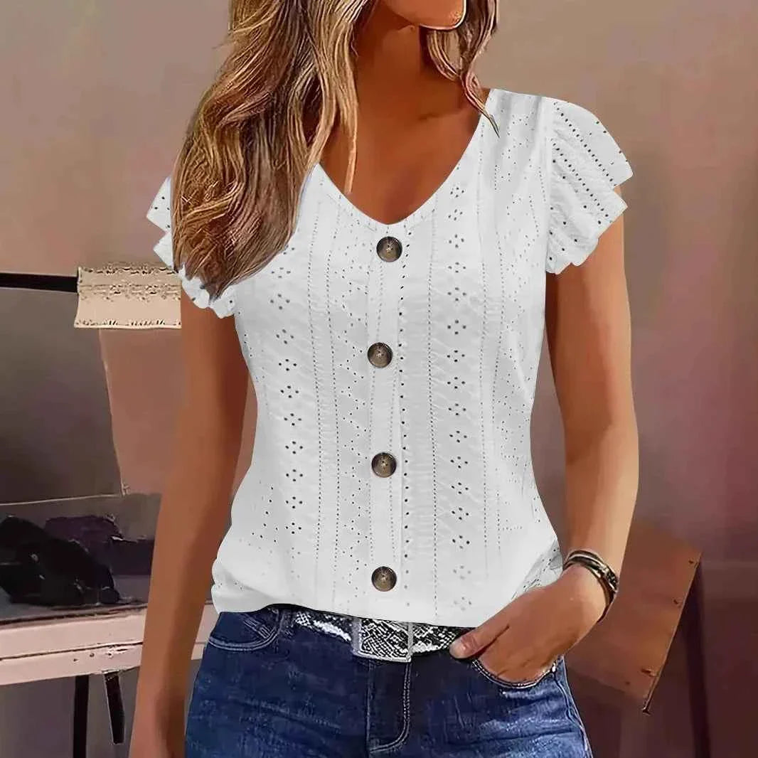 Women's Ruffle Sleeve V-Neck T-Shirt – Casual Commute Blouse