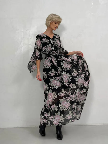 Elegant Bodycon Chiffon Maxi Dress Women Bandage Sexy Side Slit Beach Dress White Pink Floral Summer Long Dresses For Women 2024
