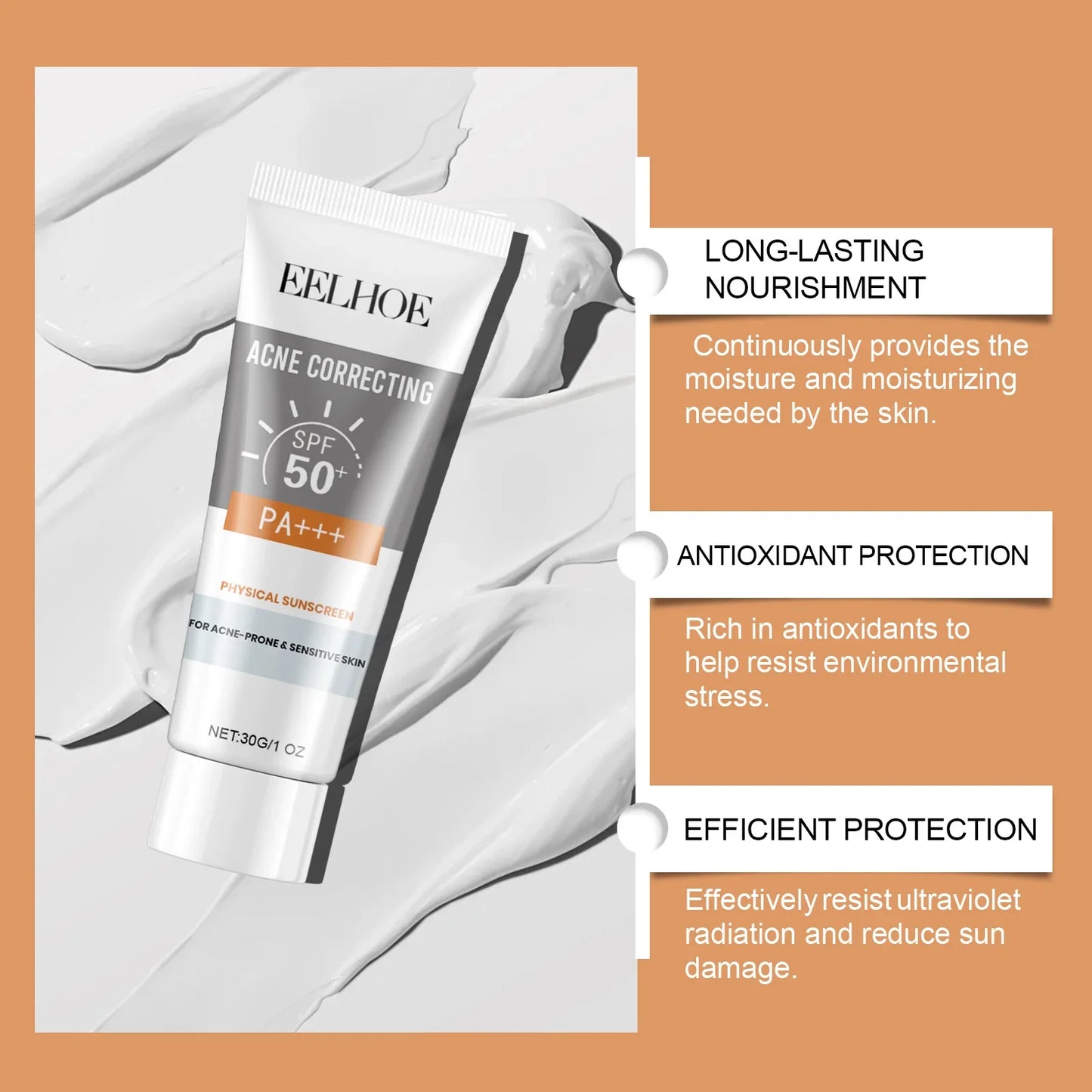 EELHOE 30g Vitamin E Sunscreen Long-lasting Moisturizing Anti-UV Anti-dry Skin SPF 50 Cream Maintains Elasticity Glow Skin Care