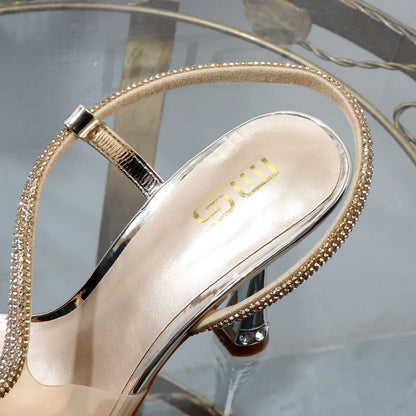 elegant woman heeled shoes sandals in autumn 2023 pointed rhinestones with stiletto heels transparent belts to wear women shoes