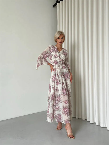 Elegant Bodycon Chiffon Maxi Dress Women Bandage Sexy Side Slit Beach Dress White Pink Floral Summer Long Dresses For Women 2024