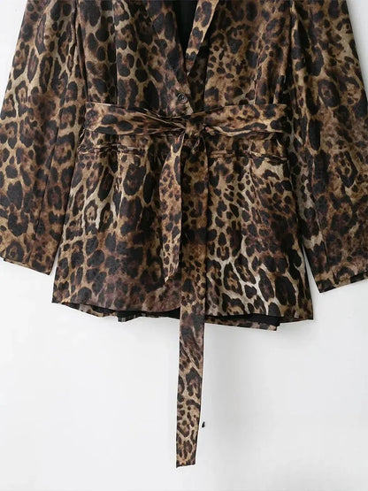 KONDALA Vintage Leopard Print Women Suits V Neck Sashes Long Sleeve Oversized Blazer+Wide Leg Pants Fashion 2025 Autumn Suits