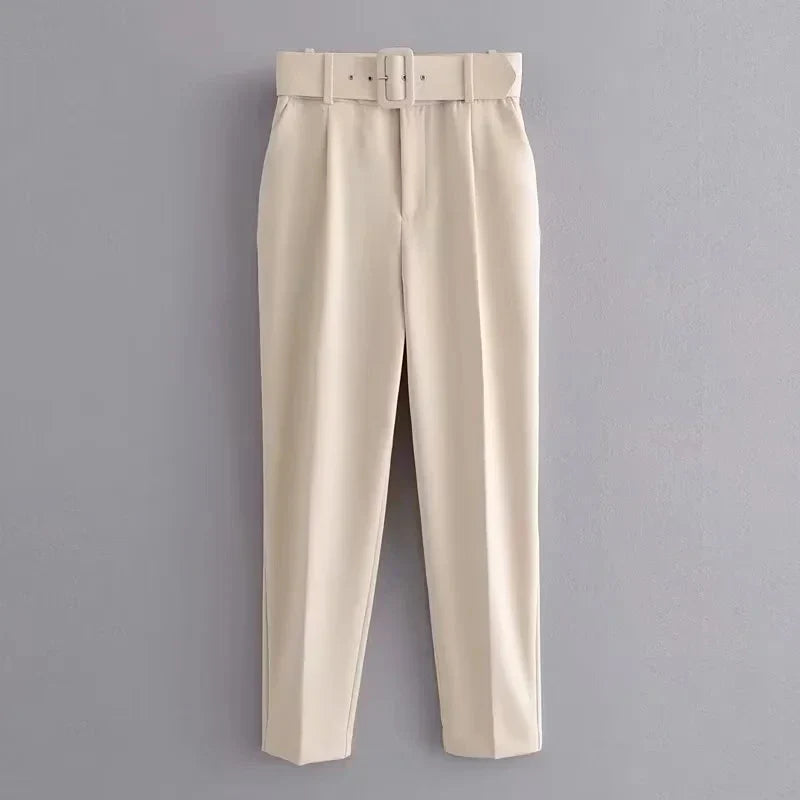 KONDALA Office Lady Beige Women Suits Long Sleeve V Neck Oversized Blazer+High Waist Wide Leg Pants Fashion 2025 Vintage Sets