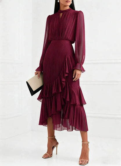 Elegant Ruffle Long Sleeve Dress for Women Chic Spring Summer Layered A Line Dress Lady Pleated Verstidos Prom Party Gowns