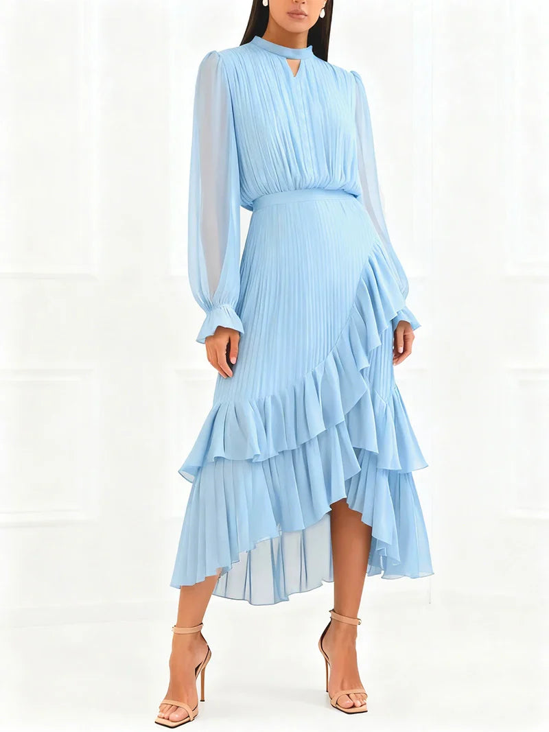Elegant Ruffle Long Sleeve Dress for Women Chic Spring Summer Layered A Line Dress Lady Pleated Verstidos Prom Party Gowns