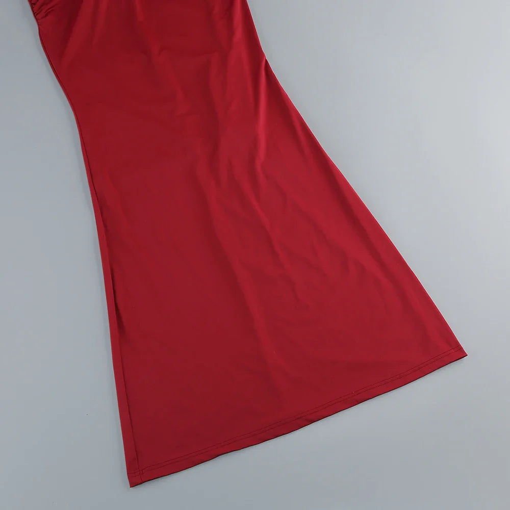 Sexy Red Floral High-Neck Bodycon Dress with Pleated Detailing – Halter Sleeveless Evening Gown | Stylish Party Wear