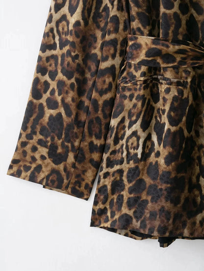 KONDALA Vintage Leopard Print Women Suits V Neck Sashes Long Sleeve Oversized Blazer+Wide Leg Pants Fashion 2025 Autumn Suits