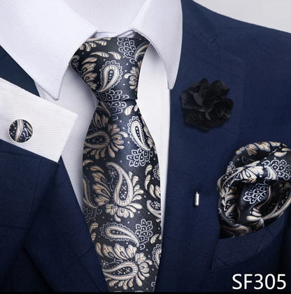Luxury Mens Ties Floral Black Gold Ties Paisley NeckTie Pocket Square Cufflinks Brooch Set Men's Wedding Party Tie