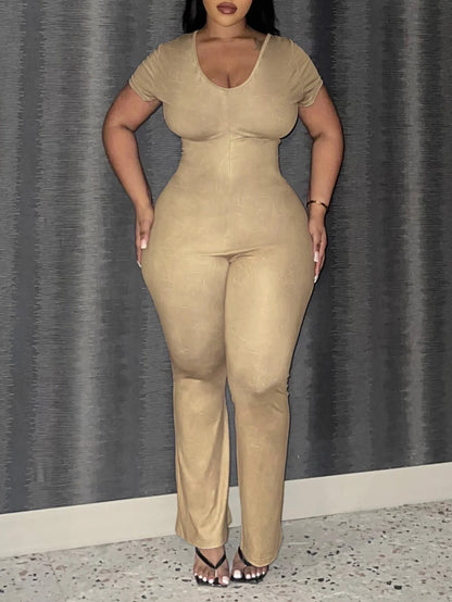 LW Plus Size women's clothing U Neck Skinny Flared Jumpsuit summer short sleeve jumpsuit Casual Skinny Fashion Overall Outfit