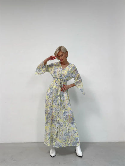 Elegant Bodycon Chiffon Maxi Dress Women Bandage Sexy Side Slit Beach Dress White Pink Floral Summer Long Dresses For Women 2024