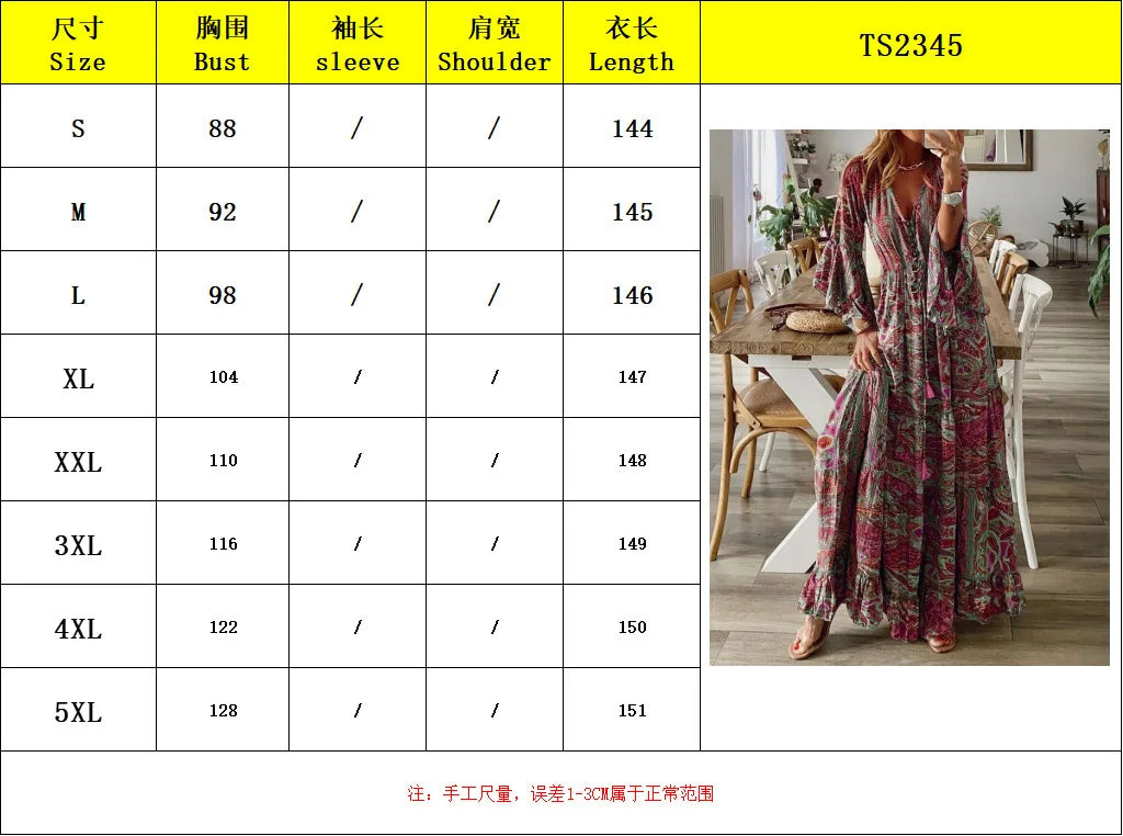Spring Autumn Fashion Women's Dress Bohemian Style Retro Printed V-neck High Waist Bell Sleeve  Loose Casual Floral Long Dress