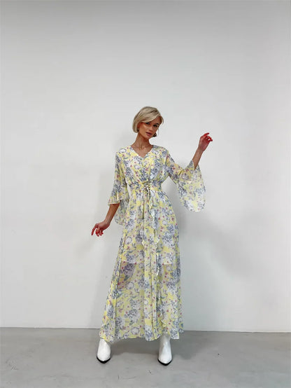Elegant Bodycon Chiffon Maxi Dress Women Bandage Sexy Side Slit Beach Dress White Pink Floral Summer Long Dresses For Women 2024