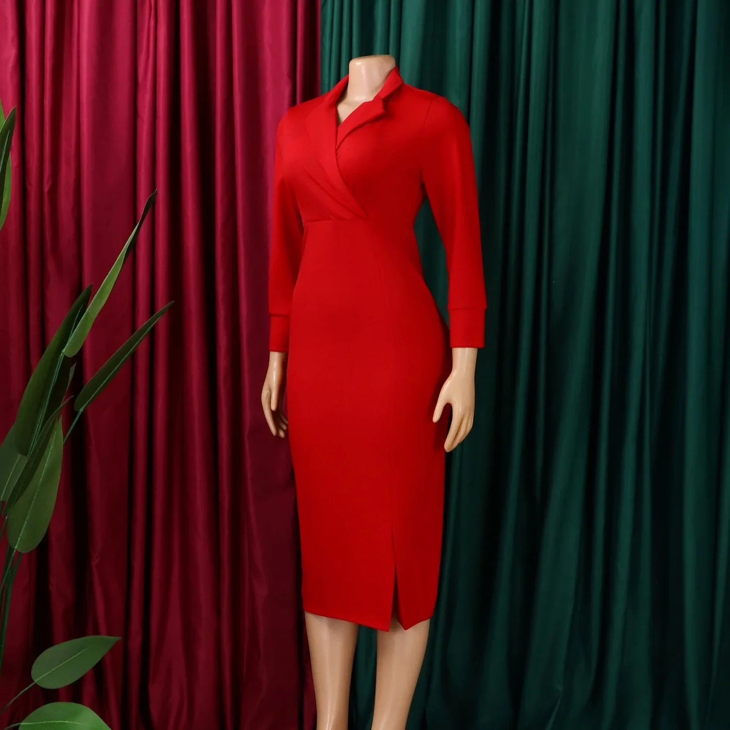 Elegant Bodycon Dresses for Women V Neck Full Sleeve Solid Sheath Package Hips Mid Calf Professional Business Work Dress Midi OL
