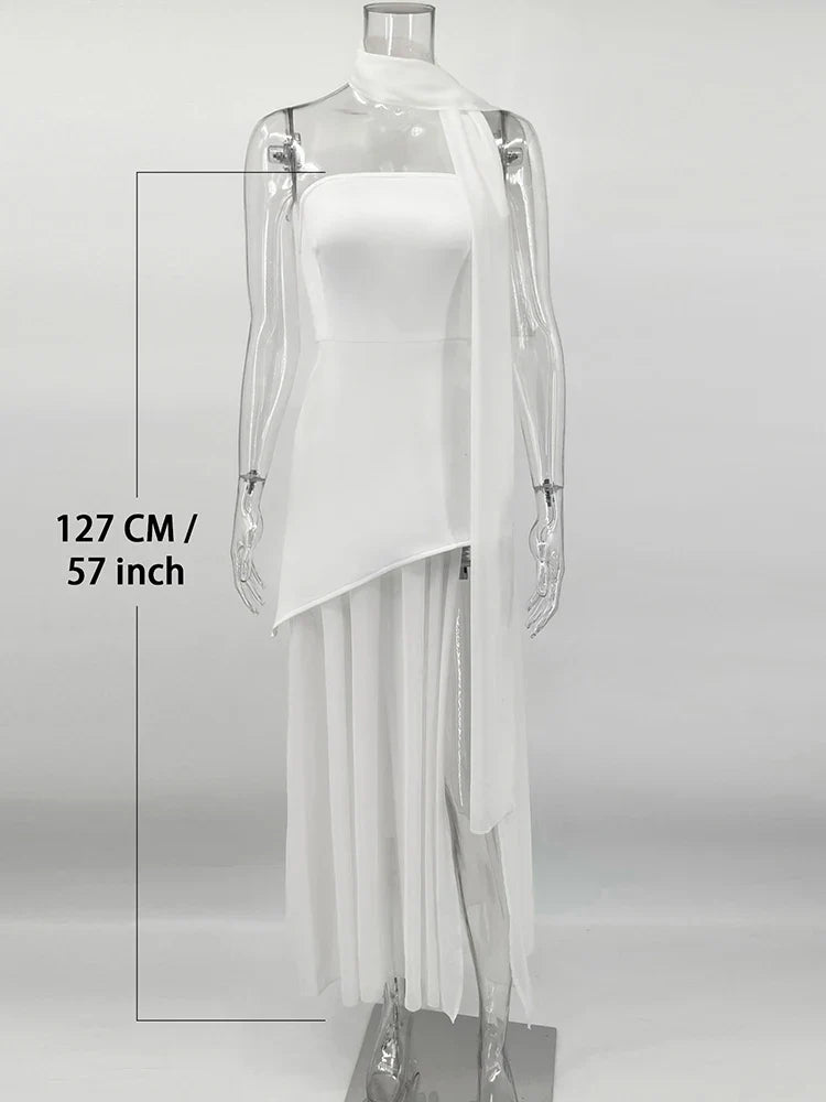TARUXY Fashion Strapless Dress With Ribbon Female Elegant Sleeveless Mesh Beach Vacation Long Dress 2025 Spring New Women Dress
