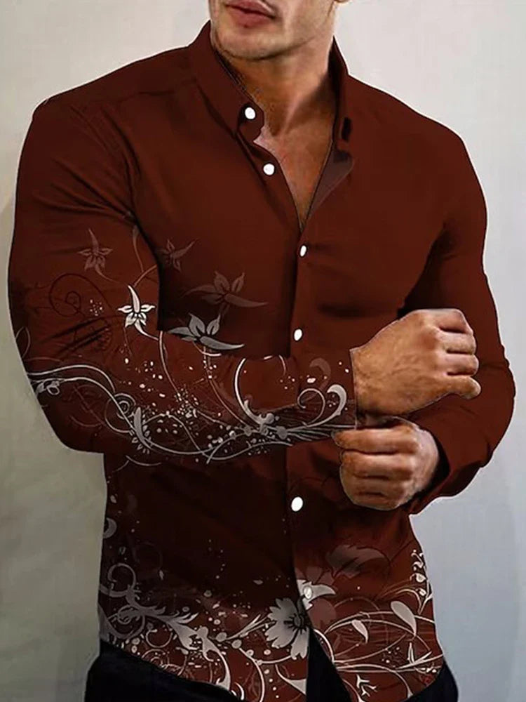 2023  New Arrival Fashion Shirts For Men Casual flowers Print  Long Sleeve Button Top Men's Clothing Oversized