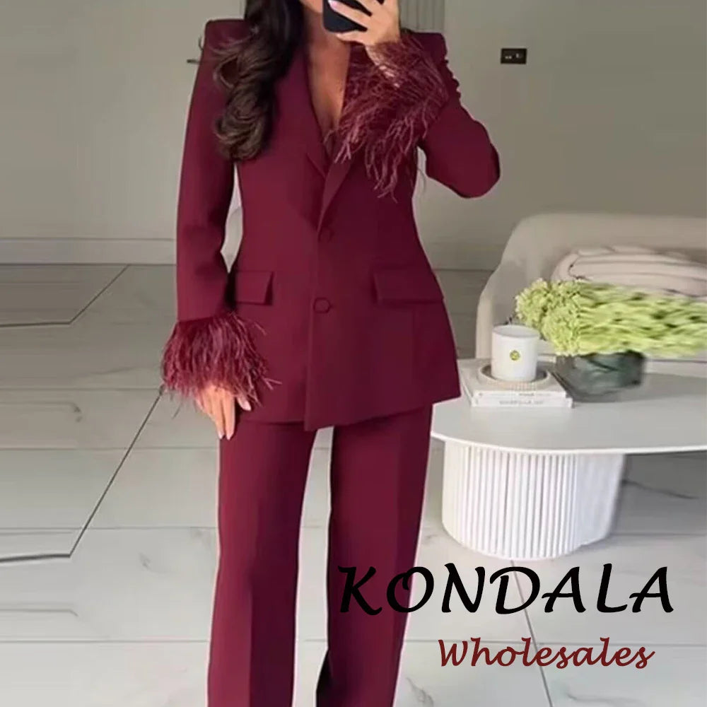 KONDALA 2025 Office Lady Fashion Slim Suits Single Breasted Feather Trim Blazer+Zipper Pockets Long Pants Fashion Female Suit