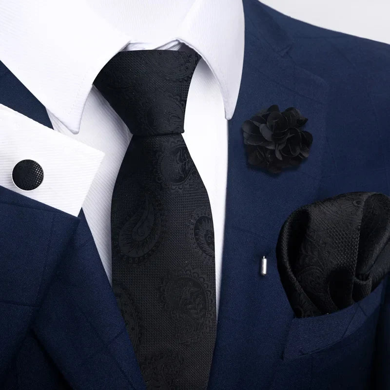 Luxury Mens Ties Floral Black Gold Ties Paisley NeckTie Pocket Square Cufflinks Brooch Set Men's Wedding Party Tie