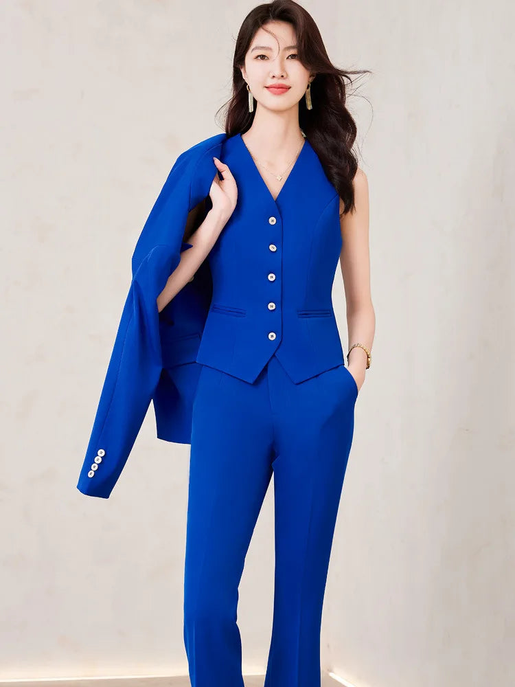 Elegant Women's Office Suit Jacket Pants Vest 3 Piece Blue Notch Lapel Jacket Autumn Women's Pants Sets ropa de mujer