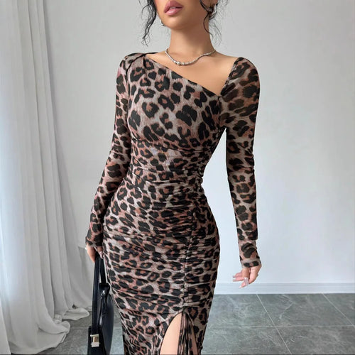 Sexy Leopard Print Women's Dresses Fashion Ruffled Sexy Slit Party Dress For Women Spring Summer  Bodycon Package hip Vestidos