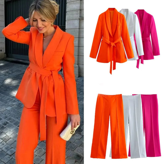 Spring and Autumn Women's Casual Blazer Chic Outerwear Slim Straight Pants Long Sleeve V-Neck Belted Office Commuter Suit Set