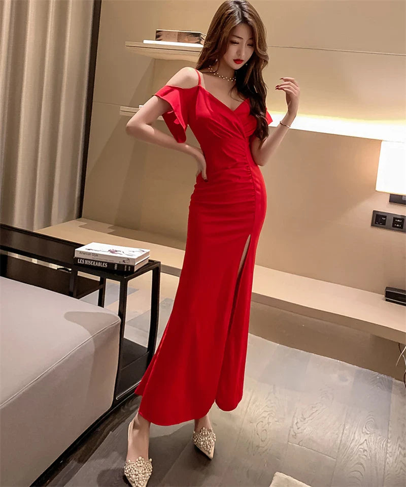 Spring Women Red Evening Party Dresses Short Sleeve V Neck Fit And Flare Long Maxi Summer Dress Lady Prom Gown Robe Longue Femme