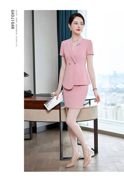 NAVIU Fashion Pink Short Sleeve Professional Suit Women New Summer Elegant Formal Slim Blazer And Pants Office Ladies Work Wear