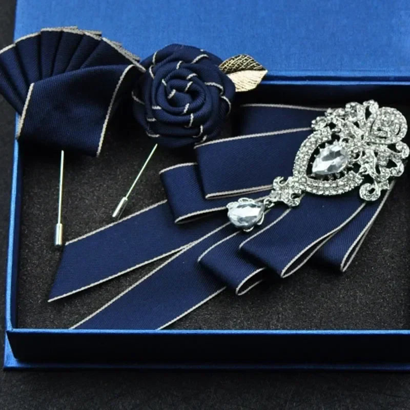 Fashion Handmade Bow Tie Wedding Collar Luxury Rhinestone Bowtie Necktie Brooch Pocket Towel Square Set Gift for Men Accessories