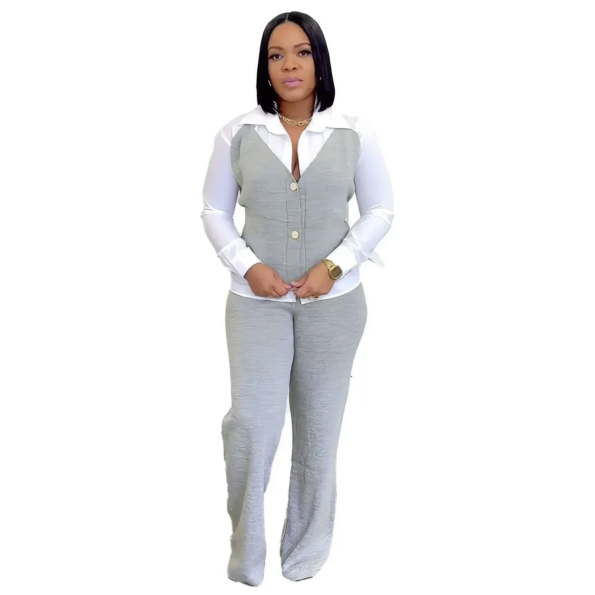 HLJ Elegant Lady Patchwork Shirts Two Piece Sets Women Lapel Long Sleeve Button Top And Pants Outfits Autumn OL 2pcs Clothing