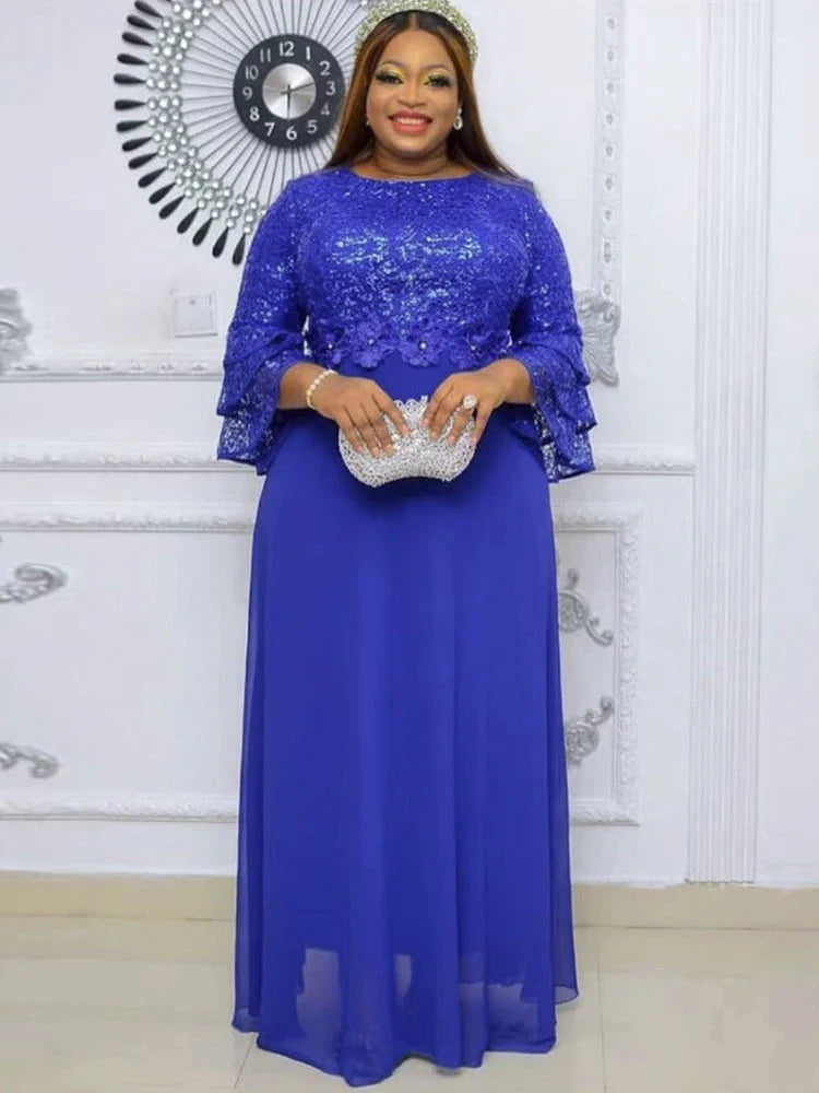 Elegant Women Evening Dresses Luxury Sequin Chiffon Long Dress African Dashiki Outfits Party Prom Birthday Gowns Female Clothing