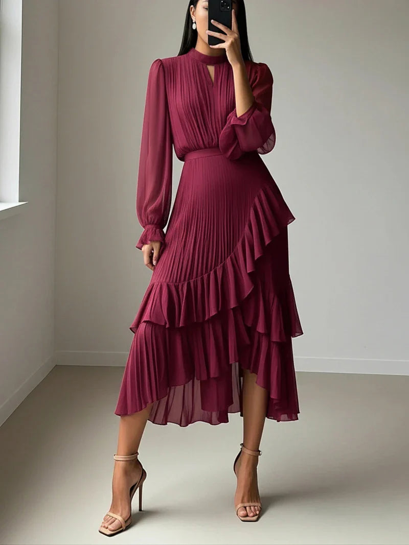 Elegant Ruffle Long Sleeve Dress for Women Chic Spring Summer Layered A Line Dress Lady Pleated Verstidos Prom Party Gowns