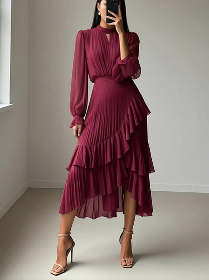 Elegant Ruffle Long Sleeve Dress for Women Chic Spring Summer Layered A Line Dress Lady Pleated Verstidos Prom Party Gowns