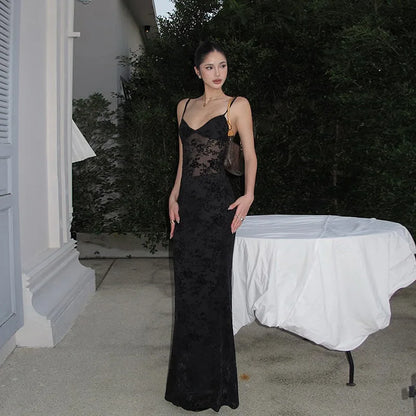 Elegant Sheer Floral Lace Maxi Dress for Women V Neck Spaghetti Strap Bodycon Floor Length Evening Party Prom Dresses
