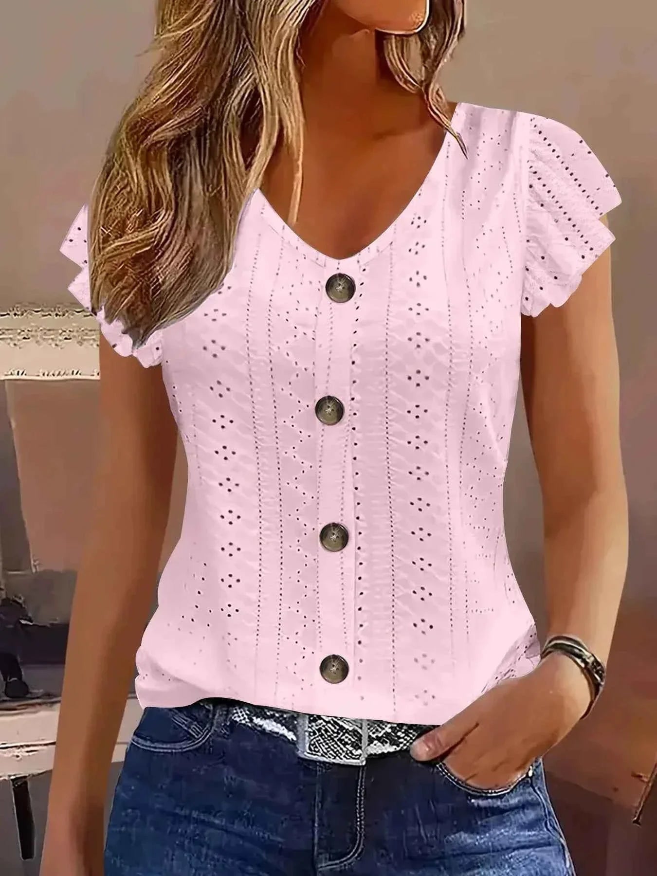 Women's Ruffle Sleeve V-Neck T-Shirt – Casual Commute Blouse