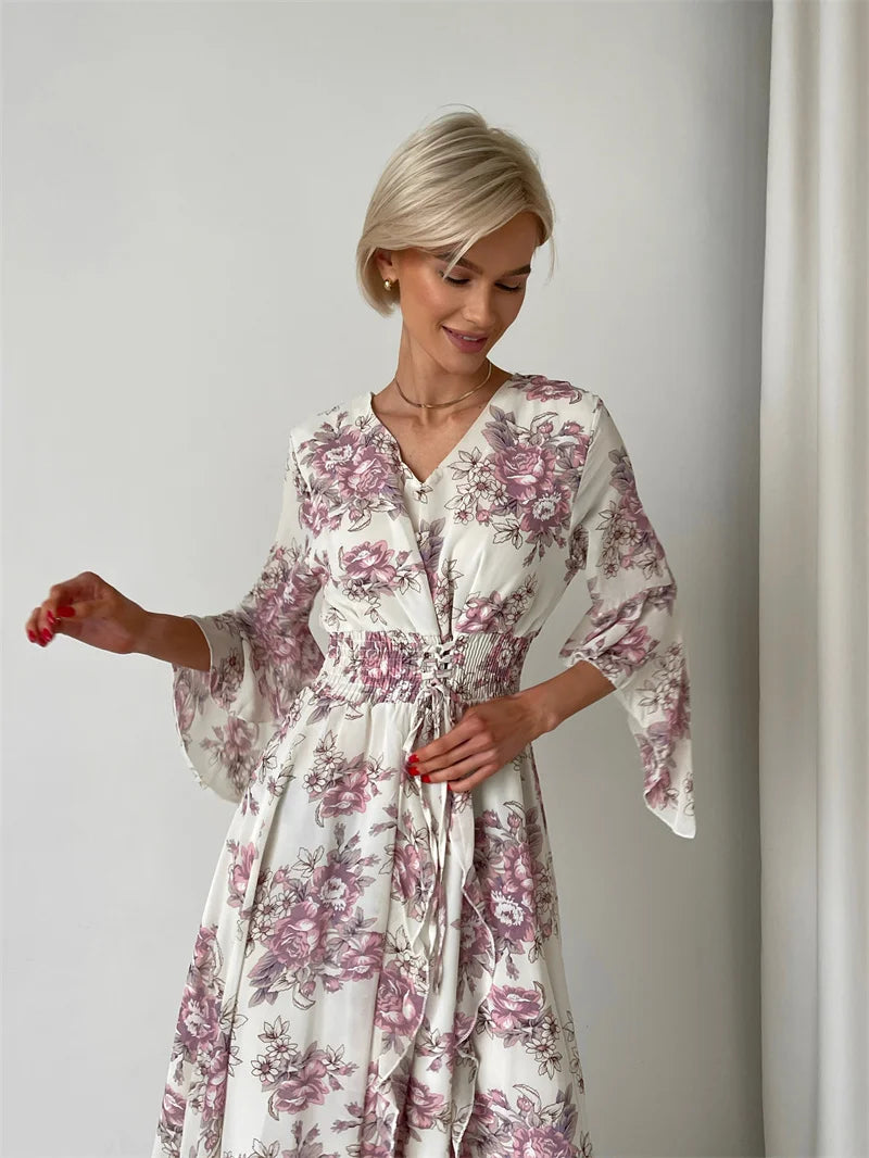Elegant Bodycon Chiffon Maxi Dress Women Bandage Sexy Side Slit Beach Dress White Pink Floral Summer Long Dresses For Women 2024