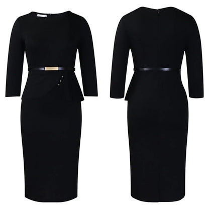 L-3XL Plus Size Elegant Midi Dress 2025 Spring Summer Women Office Lady Dress Casual 3/4 Sleeve Bandage Robe Oversize Dress