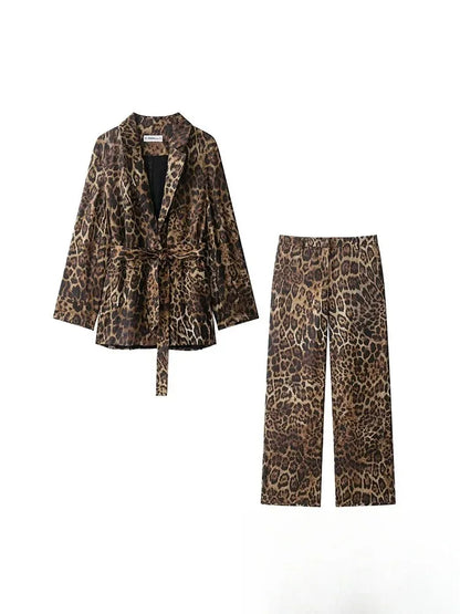 KONDALA Vintage Leopard Print Women Suits V Neck Sashes Long Sleeve Oversized Blazer+Wide Leg Pants Fashion 2025 Autumn Suits