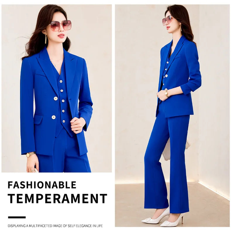 Elegant Women's Office Suit Jacket Pants Vest 3 Piece Blue Notch Lapel Jacket Autumn Women's Pants Sets ropa de mujer