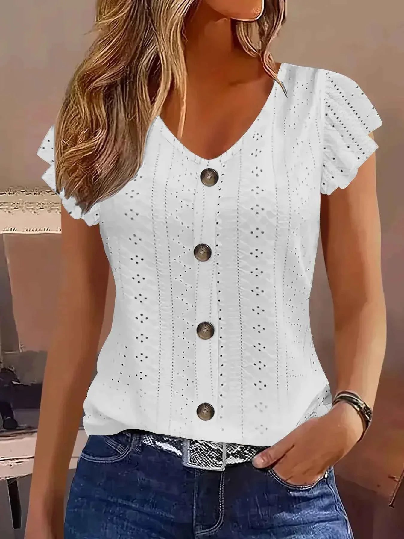 Women's Ruffle Sleeve V-Neck T-Shirt – Casual Commute Blouse