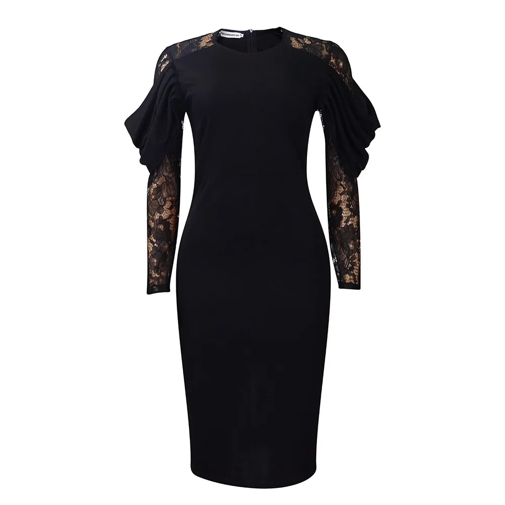 Sexy Bodycon Dresses for Women O Neck Lace Sleeve Sheath Package Hips Mid Calf Female Luxury Birthday Party Dinner Vestidos