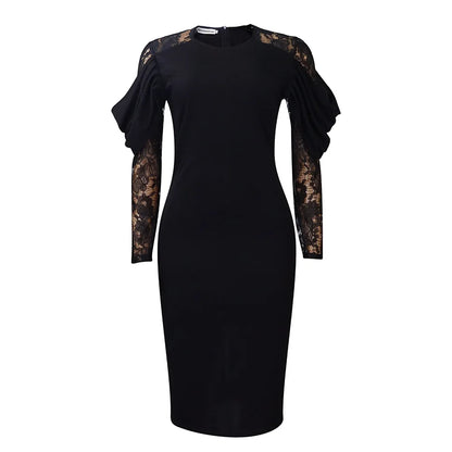Sexy Bodycon Dresses for Women O Neck Lace Sleeve Sheath Package Hips Mid Calf Female Luxury Birthday Party Dinner Vestidos