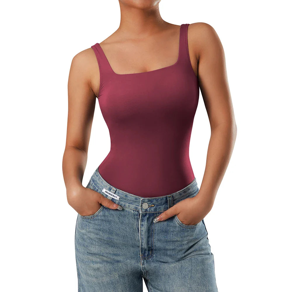 Bodysuits Women Sexy Body Suit One-Piece Romper Solid Sexy Sleeveless Square Neck Padded Tank Tops Jumpsuit Streewear Ladies