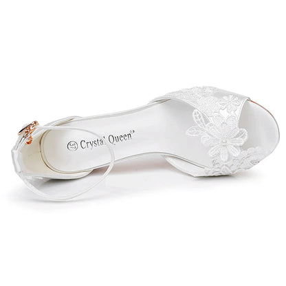 Crystal Queen Bride Sandals Solid Flower Chunky High Heel Ankle Buckle Pumps Elegant White Lace Women Wedding Shoes
