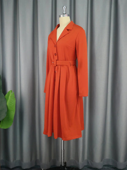 Office Dresses for Women Long Sleeve Button Down Notched Lapel Waist Belt A Line Midi Dresses Elegant Work Business Church Wear