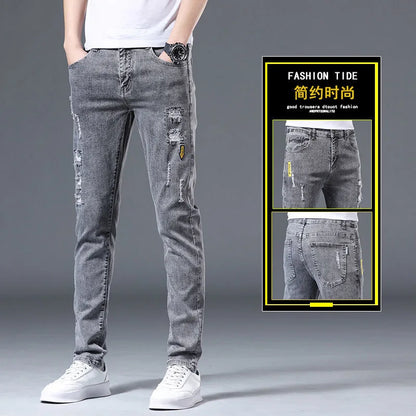 2023 Spring and Autumn New Classic Fashion Solid Color Elastic Jeans Men's Casual Slim Breathable High-Quality Small Feet Pants